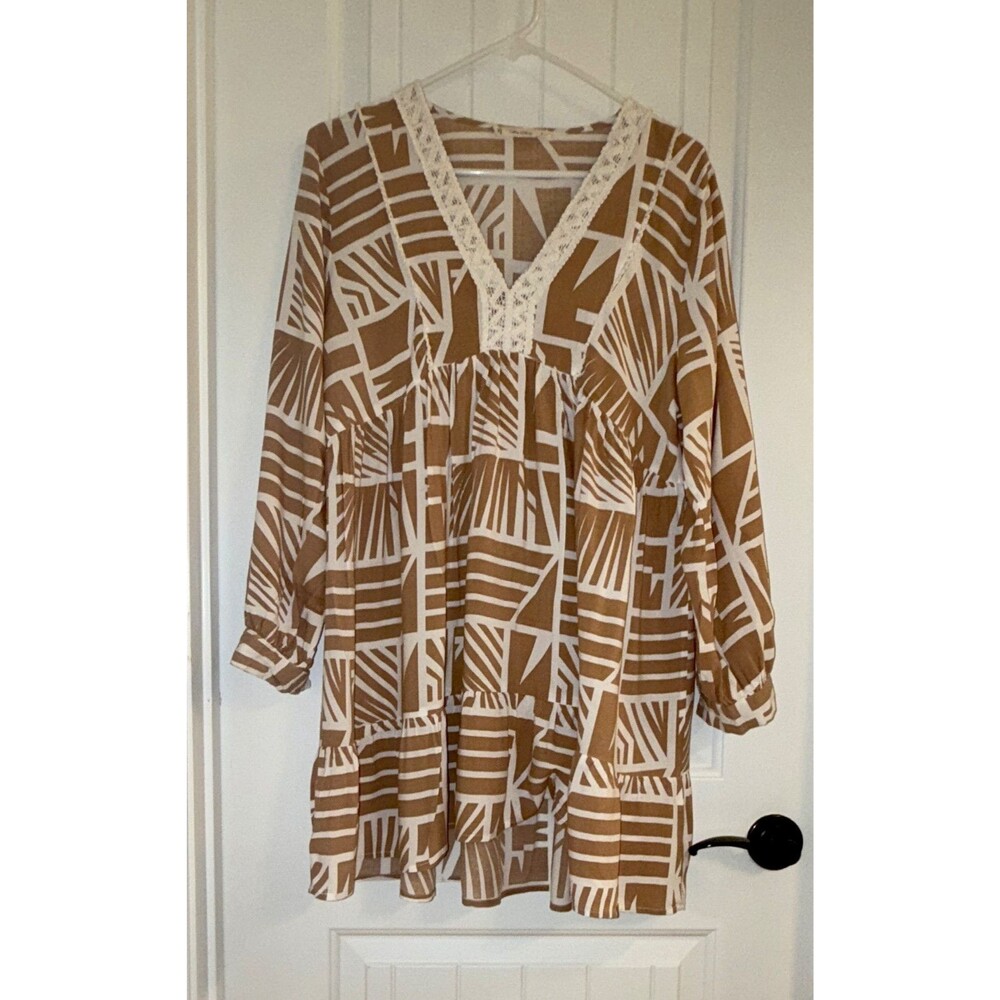 Salty Lemon Boho Geometric Crochet Tunic Babydoll V-Neck Dress L
